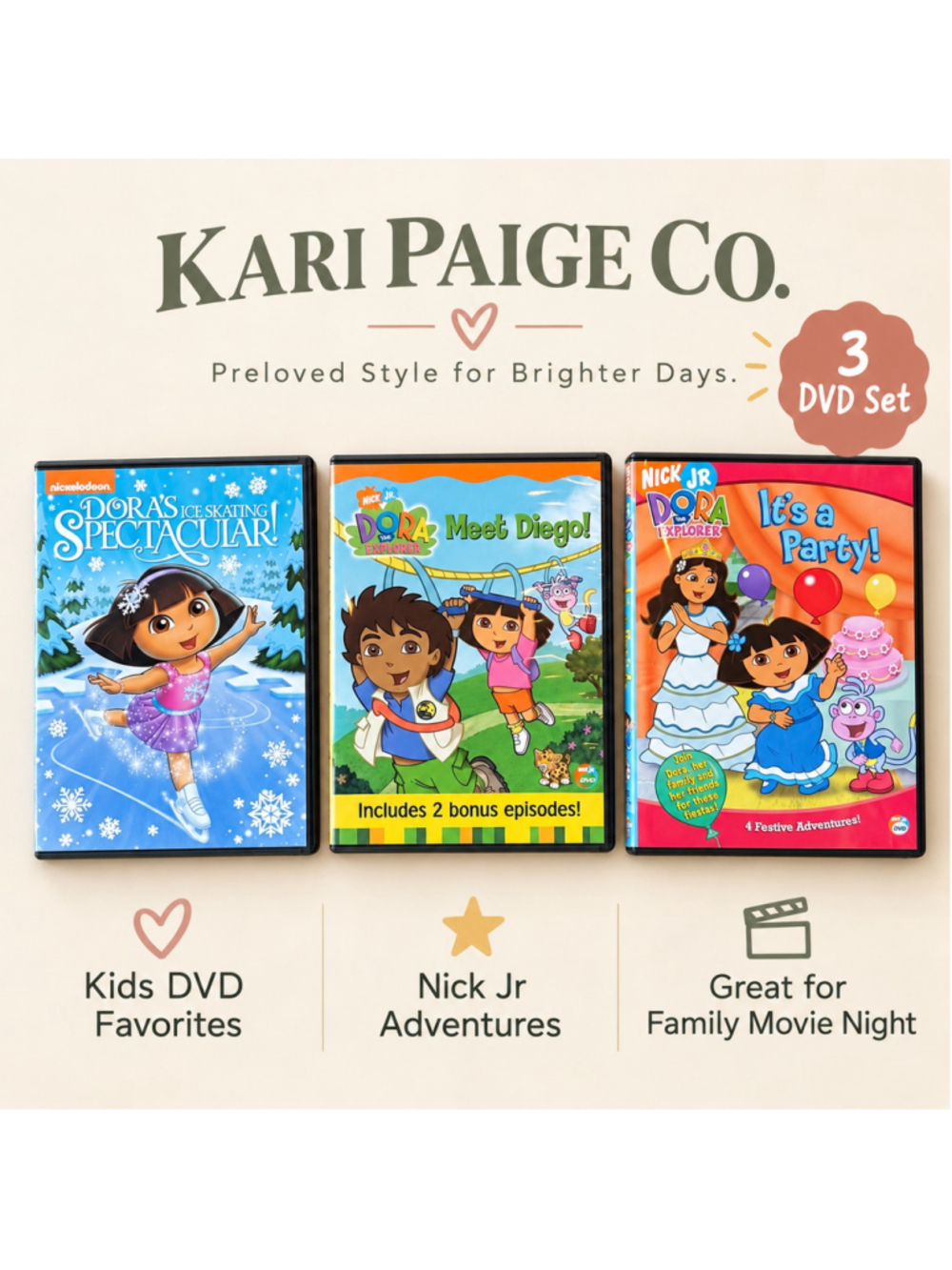 Dora the Explorer DVD Lot of 3 Nick Jr Kids Meet Diego Ice Skating It’s a Party